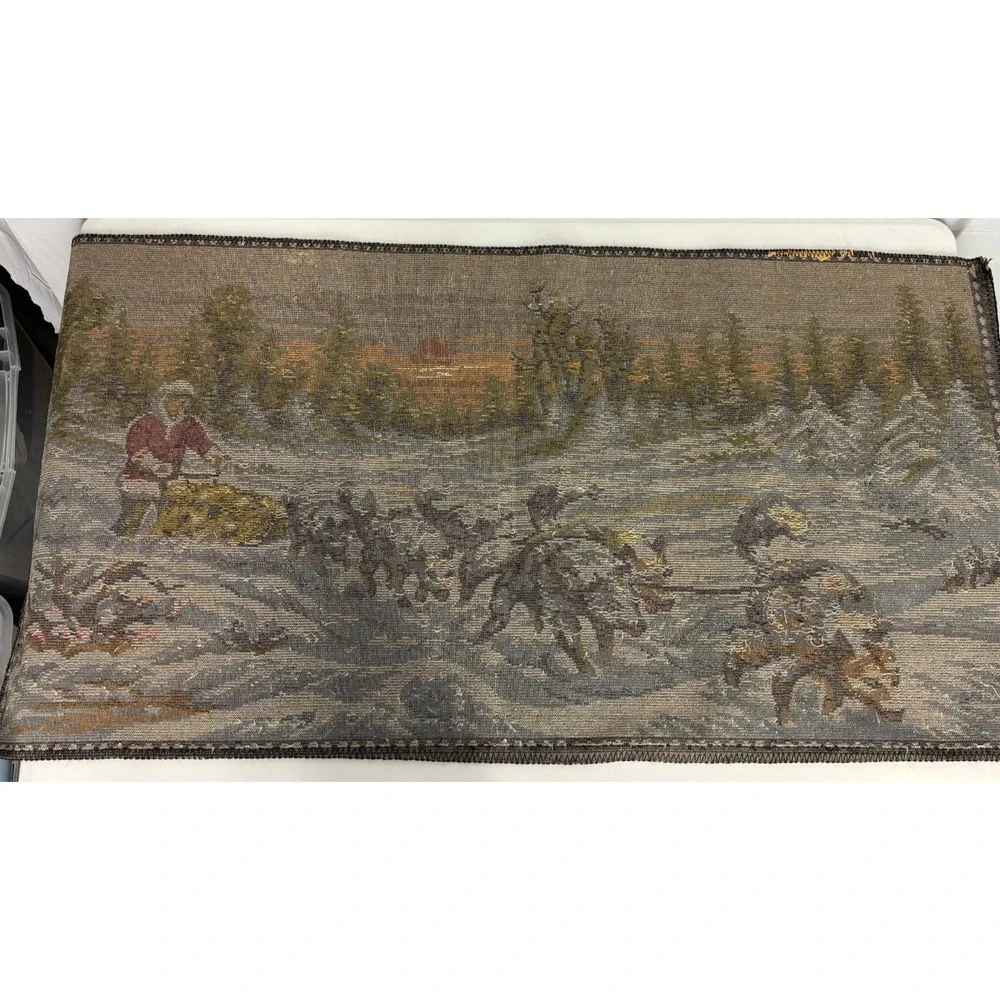 Vintage Rug Italian Woven Plush Velvet Alaskan Husky Tapestry Dogsled Clean